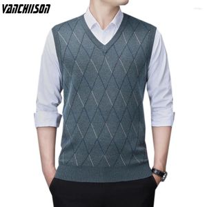 Mens Västar män ull stickad tank ärmlös tröja jumper tjock för hösten vinter v hals argyle retro vintage manliga modekläder 00309