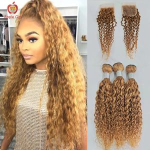 Wigs #27 Honey Blonde Water Wave Bundles With Closure Brazilian Human Hair 3 /4 Bundles With Transparent Closure Applegirl Remy Hair