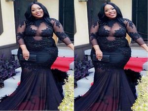 African Black Girls Plus Size Black Long Prom Dresses Mermaid High Neck Illusion Sheer Top Appliques Sequins Long Evening Gowns SD7820536