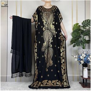 Ethnic Clothing 2024 Summer Woman Short Sleeve Loose Dress Gold Stamping African Abaya Maxi Islam Women Femme With Big Scarf Clothes