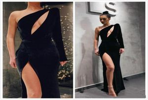 Сексуальные черные бархатные длинные платья для выпускного вечера с высоким разрезом по бокам и длинными рукавами длиной до пола. Формальная одежда на красной ковровой дорожке на заказ5046485