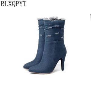 Stiefel BLXQPYT plus große kleine Größe 2850 Denim Stiefel kurzer spitzer Frauen Herbst Winter High Heels Hochzeitsschuhe Frau Y72