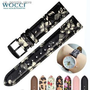Watch Bands WOCCI Womens Flower Band Leather Watch Band 18mm 20mm 22mm With Quick Release Bracelet Stainless Steel Black Buckle Y240321