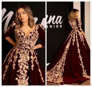 Sexy Burgundy Lace Evening Dresses Sweetheart Half Sleeves Velvet Prom Dresses Vintage Elegant Formal Party Bridesmaid Pageant Gow2472483