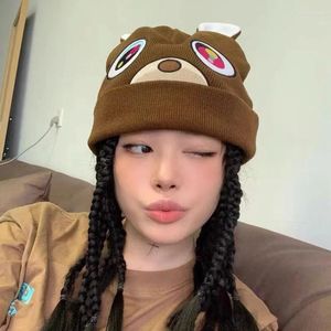 Berets European Fashion Cute Bear Knitted Hat Autumn And Winter Warm Brown Cold Men' Caps Pullover Funny Beanies Bonnet For Women