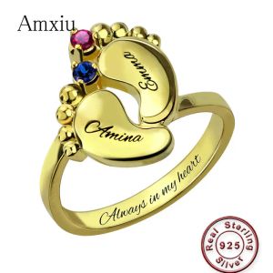 Anéis Amxiu 100% 925 Sterling Silver Baby Feet Rings For Women Mother Gifts Especiais Duas nomes personalizados com pedras de nascimento Acessórios para toques