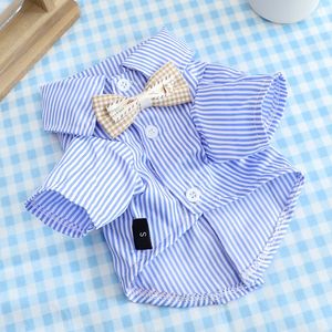 Pet Kısa Kollu Çizgili Gömlek Boyun Tie Bahar Giysileri Teddy Coquiffa Vip Küçük Süt Köpek Kıyafetleri Yaz 230812