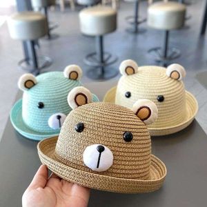 Fashionable versatile cute fisherman suitable Grass Braid for boys and girls straw hat breathable vacation beach play visor little bear kids cap caps