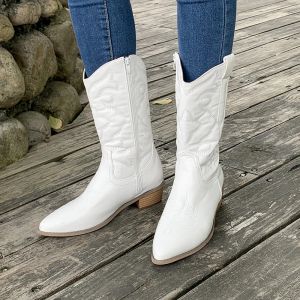 Boots Hot Sale Women's Boots Silver Midcalf Boots Woman Side Zipper Sexy Pointed Western Cowboy Boots Retro Fashion White Boots