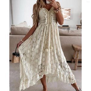 Casual Dresses Summer White V-neck Hollow Out Elegant Dress For Women Lace Sleeveless Long Splicing Swing Hem Bohemian Boho Vestidos