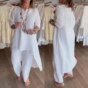 Kvinnors tvåbitar byxor Löst fit rund halsdräkt Set Elegant Plus Size Spring Tracksuit med tre kvart ärm Topp oregelbunden för dagligen