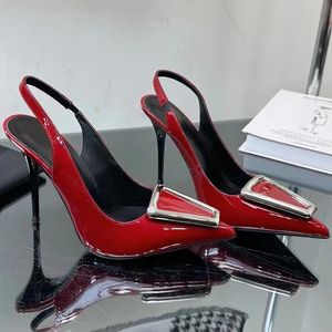 Espelho rosto couro genuíno estilingue bombas femininas dedos apontados geometria stiletto vestido de salto 10cm fivela embelezado saltos de renda moda