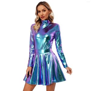 Casual Dresses Womens Shiny Metallic Dress Long Sleeve Leotard With High Waist Flare Skirt Rave Party Clubwear Stage Performance Cotumes