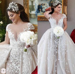 Elegant A Line Wedding Dresses with Detachable Train Sheer Jewel Neck Short Sleeve Bridal Gowns Illusion Appliques Wedding robes de