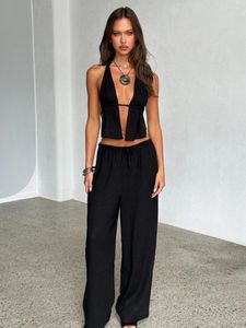 Women's Two Piece Pants Combhasaki Outfits Stripe/Solid Tie-Up Halter Neck Backless Sleeveless Tank Tops Wide-Leg Long 2 Pieces Set