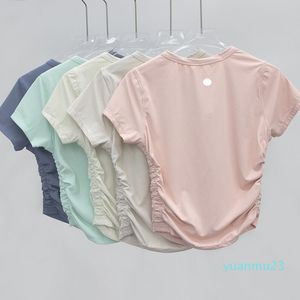 LL LEMONS Summer T-shirt Lu Yoga Top Womens Ribber Round Collar Short Sleeve All It Takes Elastic Drawstring Sports Fiess Solid Color