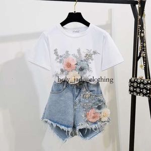 2024 sommer Frauen 2 Stück Sets Stickerei 3D Blume T-shirt + Denim Shorts Sets Vintage Perlen Shorts Luxus Hemd frauen Jeans Damen Denim Shorts 2615