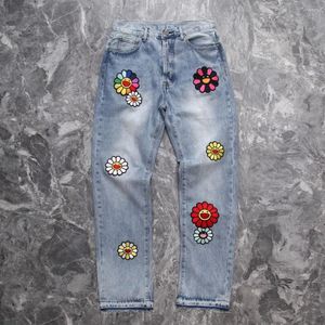 Kvinnors jeans leende solros broderi high street retro do Old Casual Straight ben mode man kvinnor