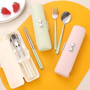 Dinnerware Sets 4pcs/set Portable Tableware Set Stainless Steel Cutlery With Storage Box Metal Dinner Spoon Salad Fork Anti-Slip Chopsticks