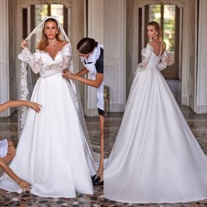 Elegant Women Wedding Dress Sheer Neck Long Sleeves Bridal Gowns Lace Appliques Sweep Train Dress Custom Made vestidos de novia