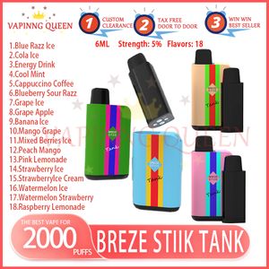 100% Breze Stiik Tank 2000 Puff Disposable E Cigarette Vape Pen With E-Juice Rechargeable 650mAh Battery 6ml Capacity 2K Puffs 18 Different Flavors