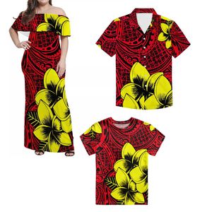 Conjunto familiar de verão personalizado, roupa para pais e filhos, polinésia samoa, estampa feminina, ombro de fora, camisa masculina, camiseta infantil