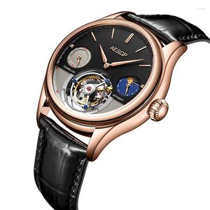 Relógios de pulso Seskoss lazer moda tourbillon manual enrolamento relógio mecânico luxo estrela céu lua fase masculino relógio de pulso à prova d'água