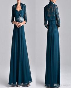 Vintage Teal Blue Chiffon Mother Dresses With Sleeves Lace Jacket Mother of the Bride Dresses Ruched Long Formal Evening Gowns8049720