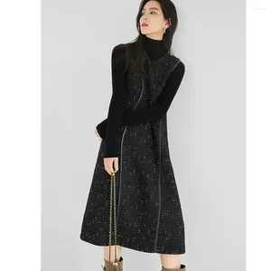 Casual klänningar fransk stil tweed ullvest klänning för kvinnor vår höst liten frangance lång ärmlös vacker vestido