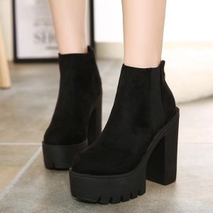 Сапоги мода черные ботинки для женщин для женщин толстые каблуки весна осенняя стая