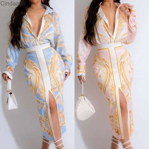 Elegant 2 Piece Dress Set Women 2024 Spring Vintage Printed Full Sleeves Shirt And Long Skirt Party Beach Sets For Women Outfits