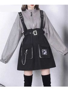 Basic Casual Dresses 2023 Woman Dress Gothic Girls Y2K Vintage Clothes Strap Belt Chain Loose Casual Sweatshirt Dresses Sets Lolita Korean Robe FemmeC24315