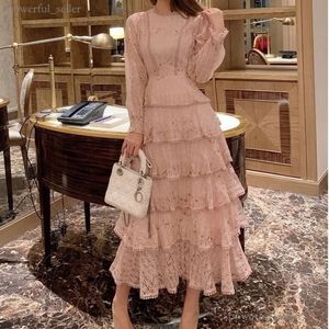 Pink Lace Embroidery Maxi Dress Female Spring Winter Winter Culle Culle Weist Chulle Selegant Long Party Dresses Woman 853