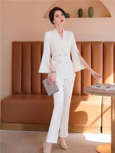 Womens Doublebreasted Flare Sleeve Blazer and Pants Set Chic Office Lady Suit Sashes Summer Trouser 2 Pcs Sets 240319