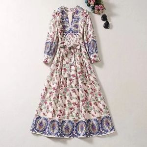 Roupas femininas europeias e americanas 2023 outono nova manga de três quartos estampa floral com decote em v moda vestido de cinto plissado xxl