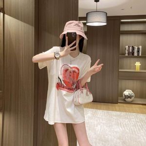 Women's loose o-neck short sleeve cotton fabric doodle love heart print medium long t-shirts MLXL