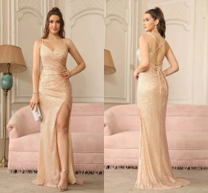 Gold Sequins Bridesmaid Dress Formal Prom Evening Gowns Thigh-high Split Strappy Lace-up on Open Back Long Train Party Dress CPS1999