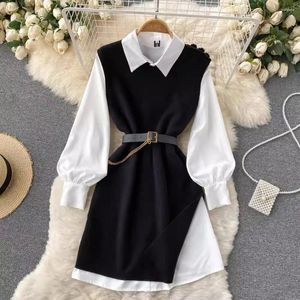 Work Dresses Autumn Winter Knitted Sleeveless Vest Black Dress Fashion Women's Lapel Collar White Loose Shirt Two Piece Set With Belt