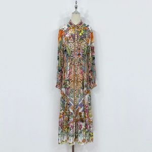 Kadın elbise moda markası ipek retro çiçek baskılı yaka boyun uzun kollu süslü elbise
