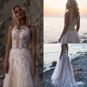 Bohemian Beach Wedding Dresses Juvel Neck Lace Appliques Pärlade brudklänningar Summer Boho Tulle Custom Wedding Dress