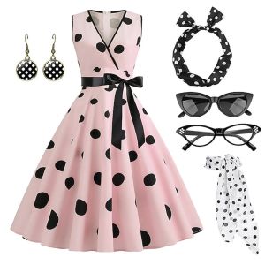 Vestido rockabilly feminino bolinhas swing flare vestido com acessórios conjunto brincos bandana óculos luvas vestido