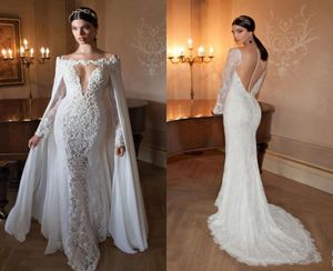 New Berta Long Sleeve Wedding Dresses Lace Appliques Beads Sheer Back Vestidos De Novia Off Shoulder Mermaid Bridal Gowns With Cap3691214