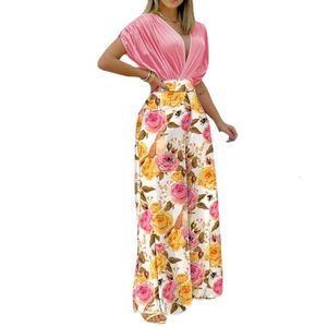 Foreign Trade Women's Clothing 2023 Independent Station Spring and Summer New Ins Temperament V-neck Printed Wide Leg Pants Fashion Casual Set
