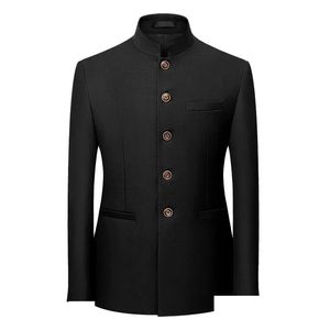 Ternos masculinos blazers 2024 negócios lazer zhongshan terno moda tendência cor sólida gola de pé entrega gota vestuário roupas otape