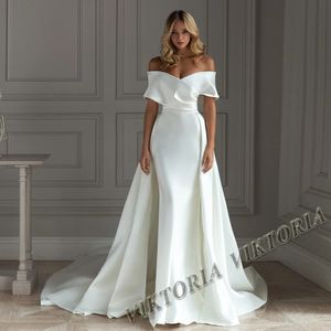 Viktoria Classic Satin Wedding Dress for Woman Bride Löstagbart tåg från Shoulder Mermaid Vestidos de Novia Drop 240321