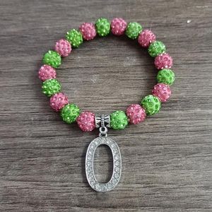 Länkarmband handgjorda rosa gröna 10 mm disco bollpärlor grekiska digitala förening etiketter # 0 till 10 elastiska armband smycken