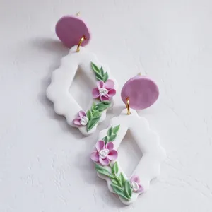 Dingle örhängen prov mode lila för kvinnor flickor 2024 handgjorda lera geometri ihåliga blommor pendellörhängen
