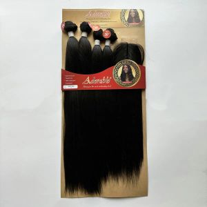 Pacote de nova solução de seda yaki em linha reta, pacotes de cabelo sintético com 2x4 t parte feita à mão fechamento de renda ouro yaki 4 peças