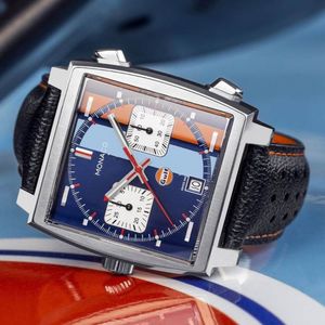 Oryginalne Monaco Gulf Caliber Mens Edition Special Chronograph Designer Watches Wysokiej jakości mężczyźni oglądają Montre Luxe Dhgate Nowe