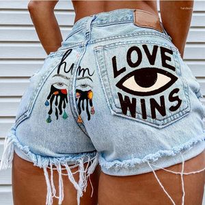 Jeans femininos Plus Size Jean Shorts Blue Pried Eyes Graffiti Rip Hole Butt-Lift curto para mulheres